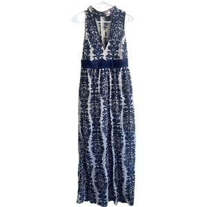 Sleeveless Blue and White Maxi Dress with Lace Waist Medium Boho Gatden Party